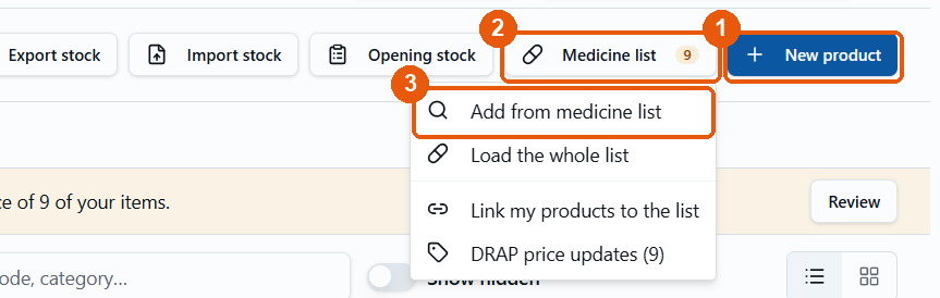 Products page: New product aur Medicine list, Add from medicine list