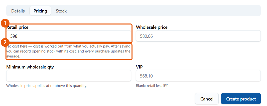 Pricing tab: Retail price 598
