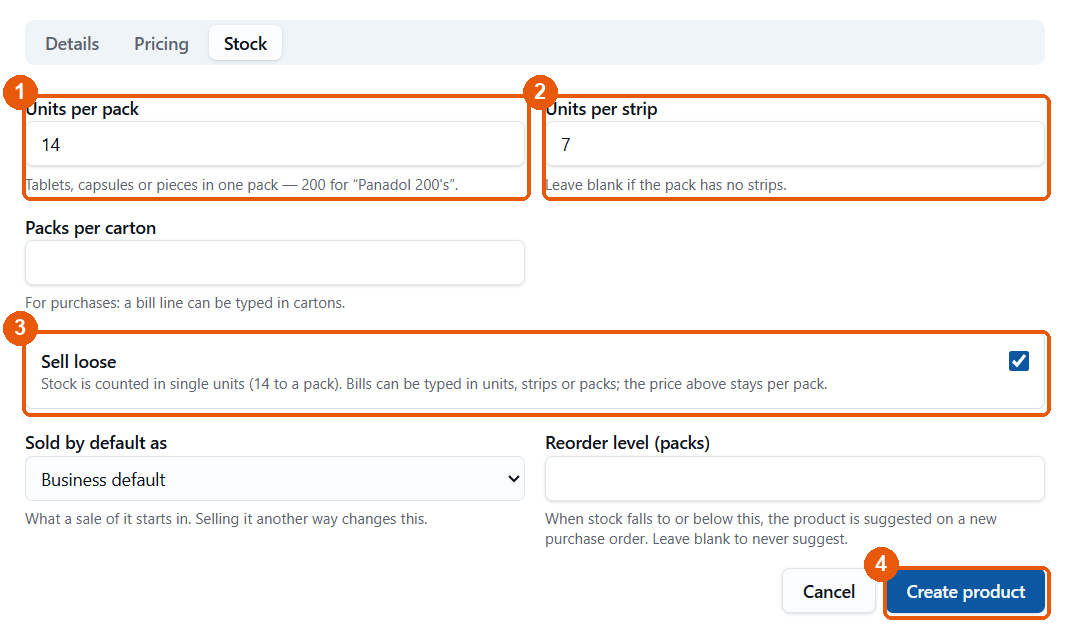 Stock tab: 14 per pack, 7 per strip, Sell loose