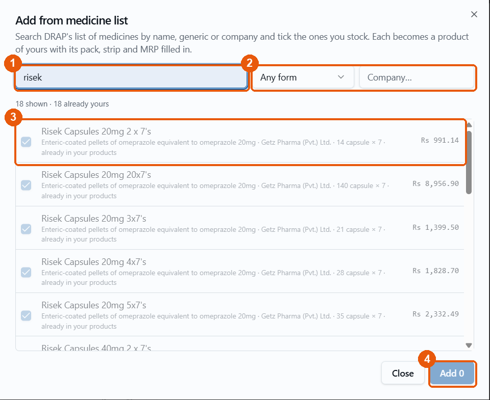 Add from medicine list: risek dhoonda