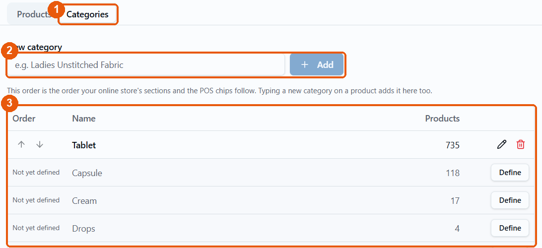 Products page ka Categories tab