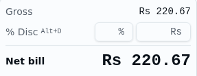 Gross Rs 220.67, % Disc (Alt+D) khali, Net bill Rs 220.67