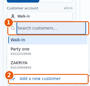 Customer ki list: Search customers, Walk-in, Party one, ZAKRIYA, Add a new customer