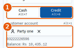Credit chuna hua, Customer account Party one, mobile, Balance Rs 10,435.12