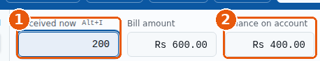 Received now 200, Bill amount Rs 600.00, Balance on account Rs 400.00