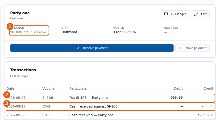 Party one ka khata: Balance 10,835.12 To receive, SI-106 debit 600, CR-3 credit 200