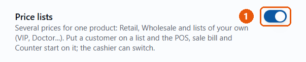 Item settings mein Price lists ka switch on