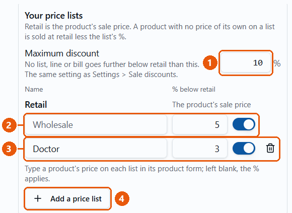 Your price lists: Maximum discount 10, Wholesale 5 percent, Doctor 3 percent, Add a price list