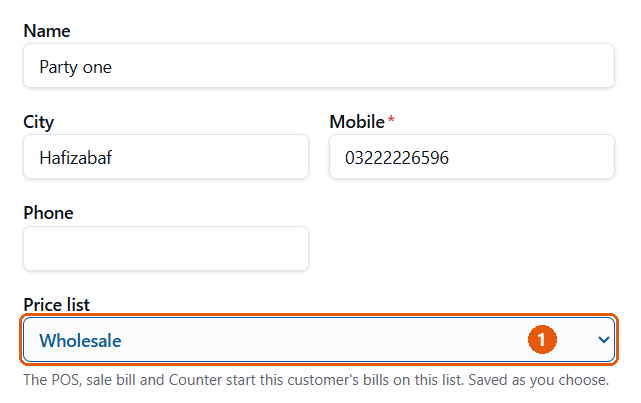 Customer Party one ke page par Price list: Wholesale