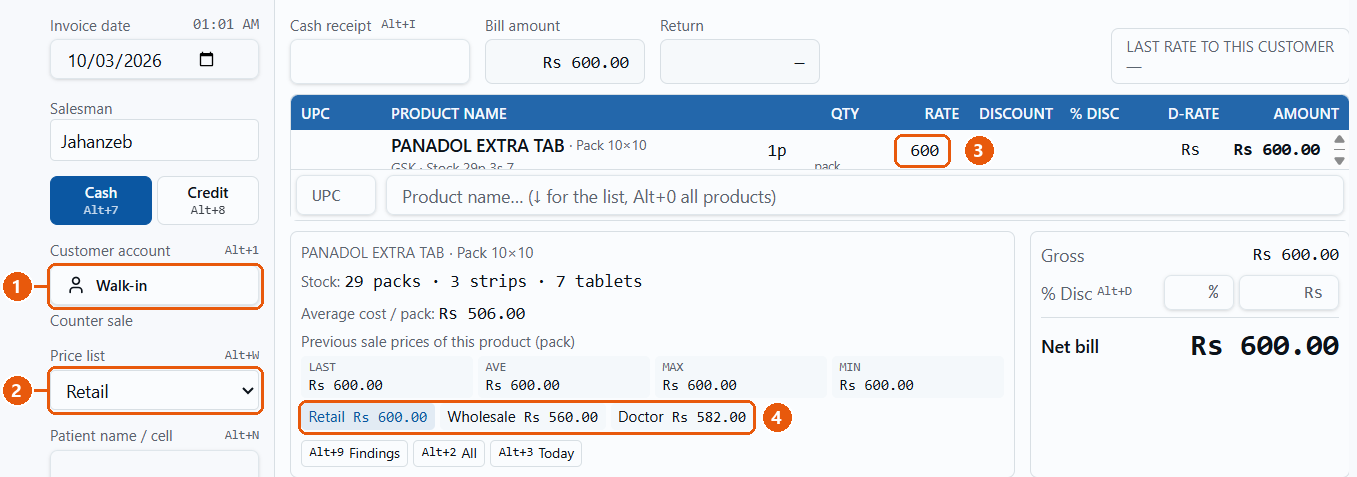 Counter: walk-in bill, Price list Retail, PANADOL EXTRA 600