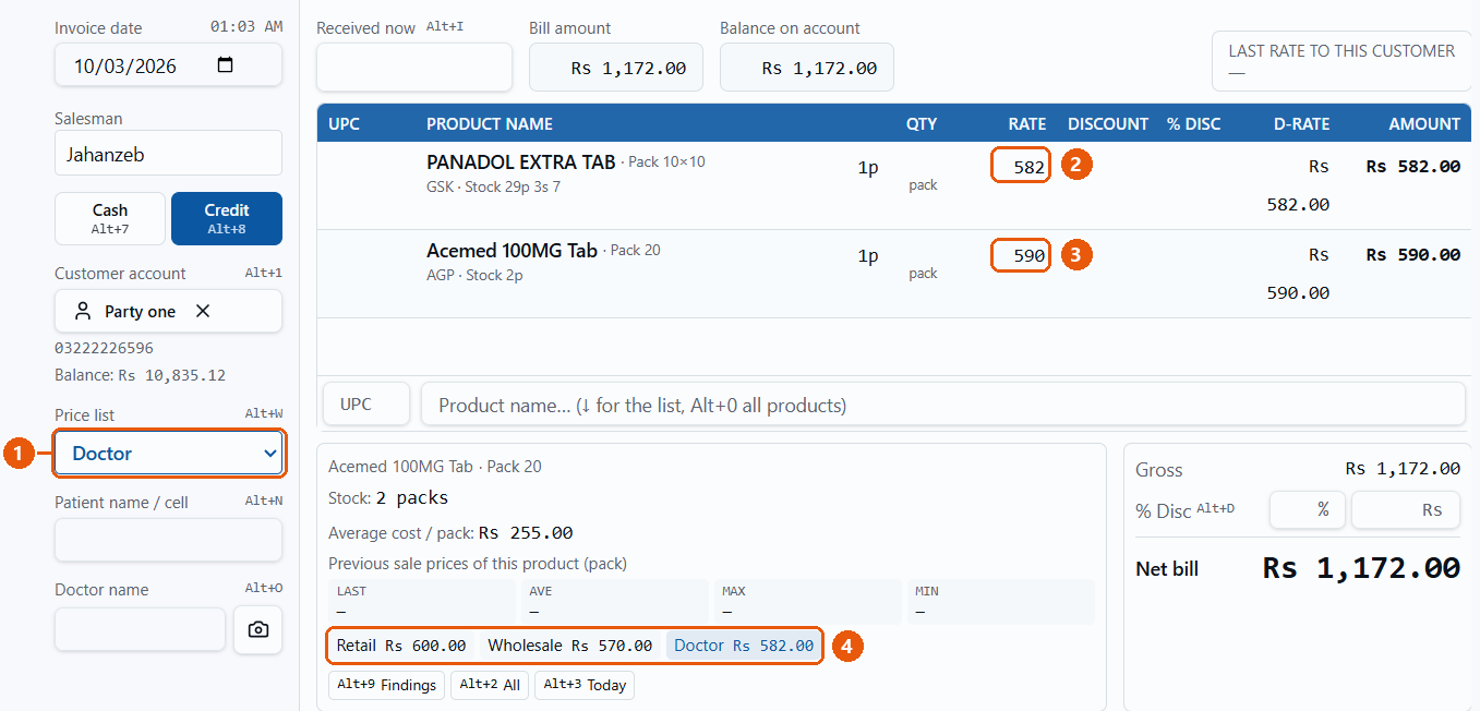 Counter: Alt+W ke baad Price list Doctor, Panadol 582, Acemed haath ka 590