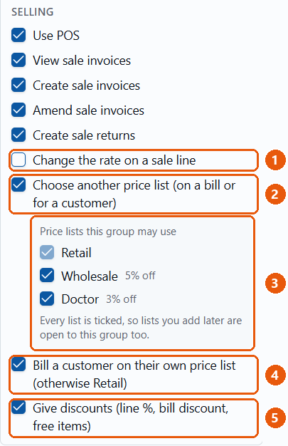 Edit permission group: Selling ke price list wale khane