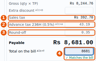 Gross 8,244.76, Sales tax 392.70, Advance tax 43.19, Round-off 0.35, Payable 8,681.00, Total on the bill 8681, Matches the bill