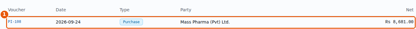 Purchases list: PI-108, 2026-09-24, Mass Pharma (Pvt) Ltd., Rs 8,681.00