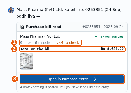 Purchase bill read: Mass Pharma, 9 lines, 6 matched, 4 to check, Total on the bill 8,681.00, Open in Purchase entry