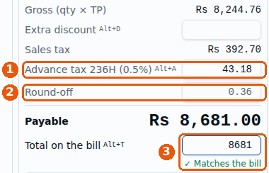 Advance tax 43.18, Round-off 0.36, Total on the bill 8681, Matches the bill