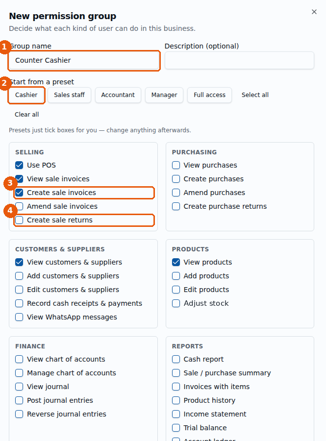 New permission group: naam Counter Cashier, Cashier preset, Selling mein Use POS, View sale invoices, Create sale invoices tick
