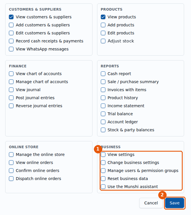 Permission group ka neecha hissa: Reports, Online store, Business ke boxes aur Save