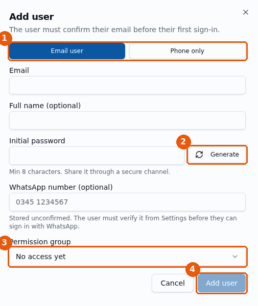 Add user: Email user ya Phone only, Email, Full name, Initial password Generate, WhatsApp number, Permission group, Add user
