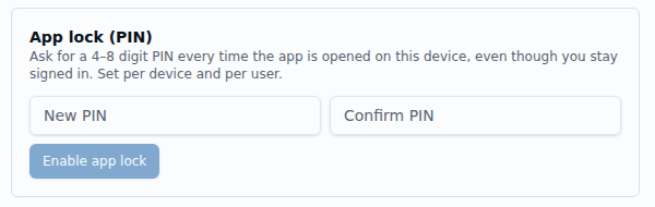 App lock (PIN): New PIN, Confirm PIN, Enable app lock