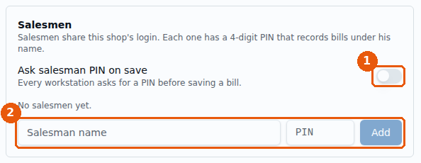 Salesmen card: Ask salesman PIN on save switch, Salesman name, PIN aur Add