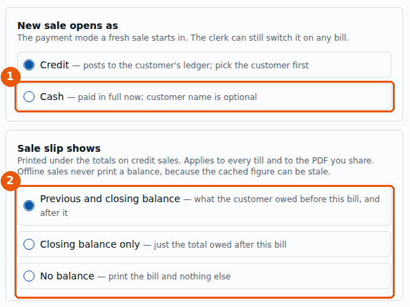 New sale opens as Credit ya Cash, aur Sale slip shows