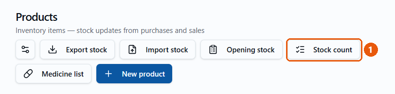 Products page ka toolbar, Stock count button par nishaan
