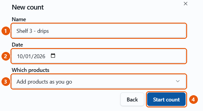 New count form: Name, Date, Which products aur Start count