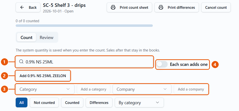 Count tab: search box, Add product button, category aur company, Each scan adds one