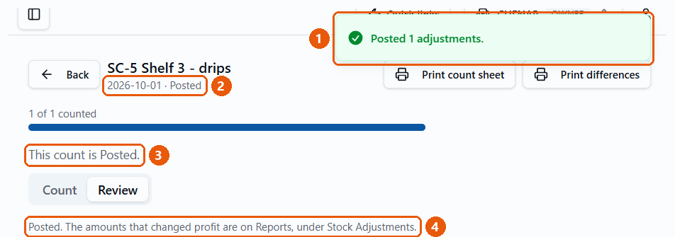 Posted count: Posted 1 adjustments message, status Posted, This count is Posted
